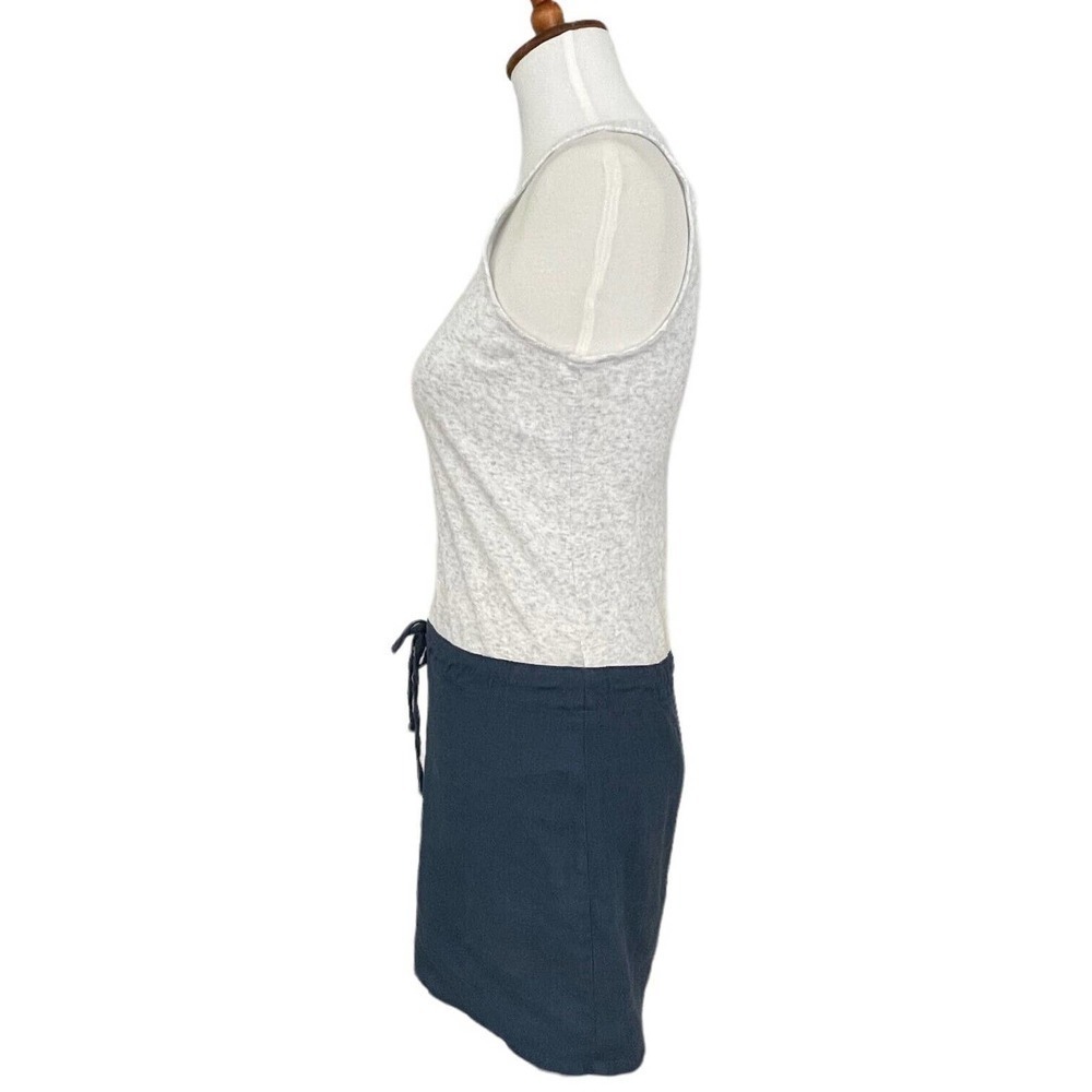 🍀Monrow Grey & Blue Ribbed Contrast Drawstring Waist Linen Tank Dress Size XS - Picture 3 of 8